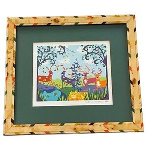 Super Cute Colorful Signed Folk Art Illustration w. Smiling Animals